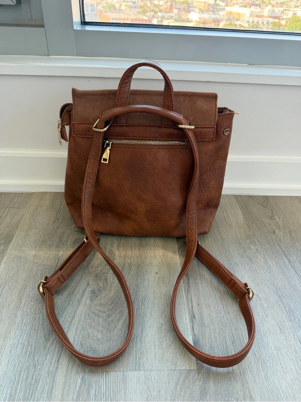 Brown Vegan leather and suede Moda Luxe Convertible backpack